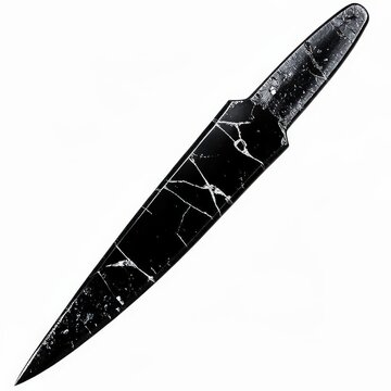 Ancient obsidian blade with sharp edge and visible flake scars on white background, prehistoric stone tool, archaeology artifact