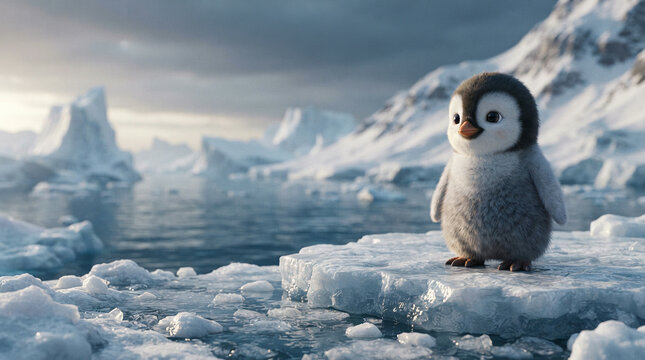 Fluffy penguin chick standing on a small ice floe among pale blue icebergs