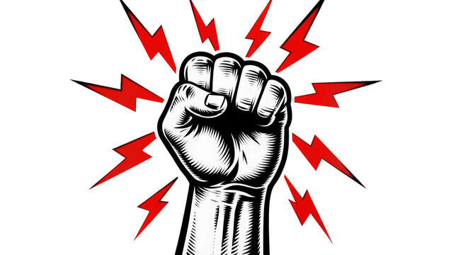 Fist raised with red lightning bolts radiating outwards, isolated on transparent background