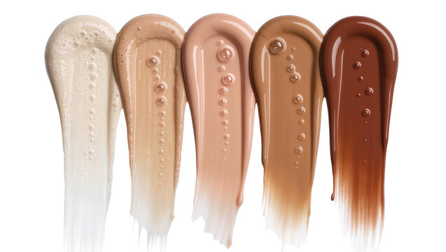 Five swatches of liquid foundation in varying shades, isolated on transparent background