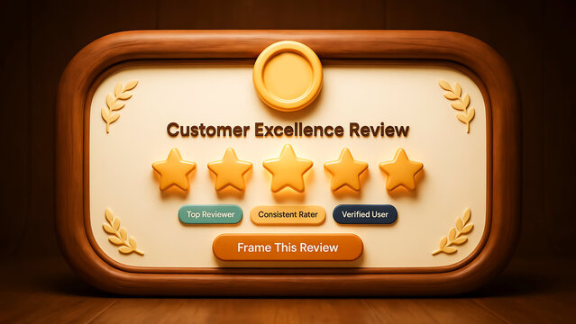 Customer excellence review interface with five golden stars and wooden frame design for mobile game or website feedback rating system