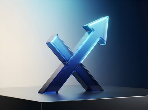 Abstract translucent blue glass arrow symbol shaped like x letter set on smooth dark platform for modern digital identity design.