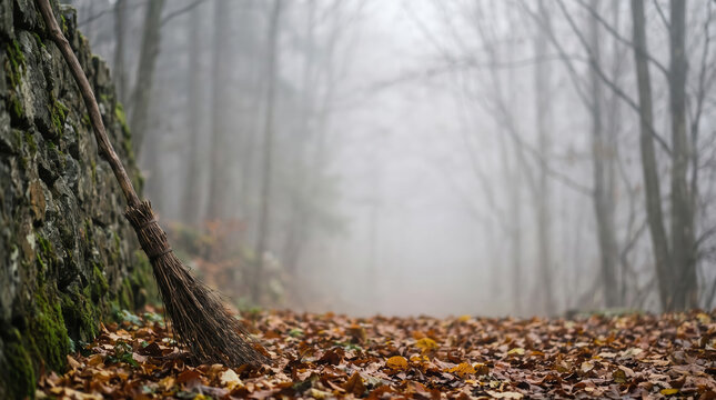 Witches broom leaning against a mossy stone wall in a foggy autumn forest with fallen leaves