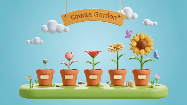Five potted flowers growing in a garden with blue sky and clouds in a cute cartoon style illustration for spring and nature concepts