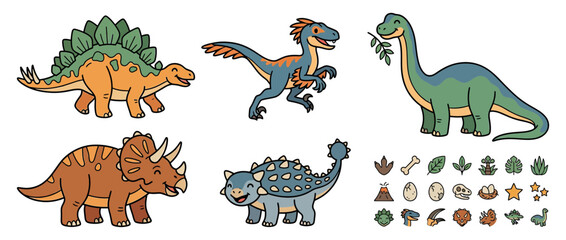 Cute cartoon dinosaurs and prehistoric icons isolated © baskara