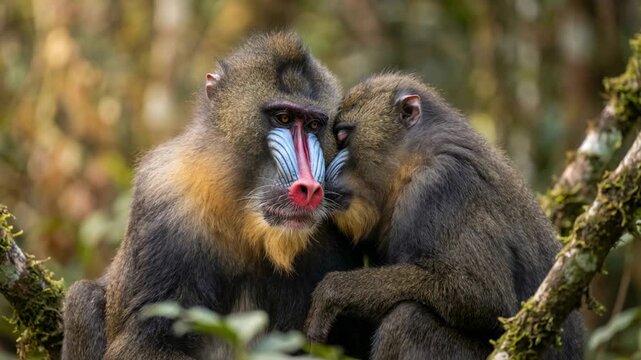 two mandrills close up at morning light in gabon tropical rainforest video