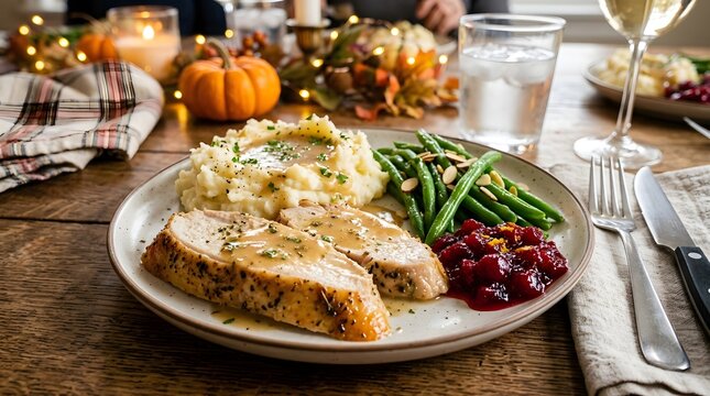 A delicious thanksgiving dinner plate featuring roasted turkey, mashed potatoes with gravy, green beans, and cranberry sauce on a wooden table