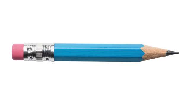 Blue hexagonal pencil with pink eraser and sharpened graphite tip, isolated on transparent background