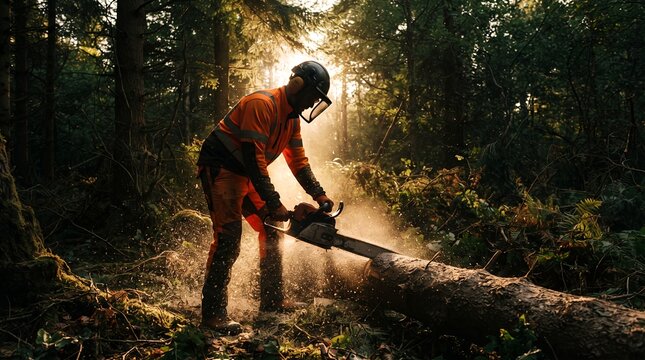 A lumberjack in protective gear operates a chainsaw, cutting down a tree in a sun-dappled forest with sawdust flying.