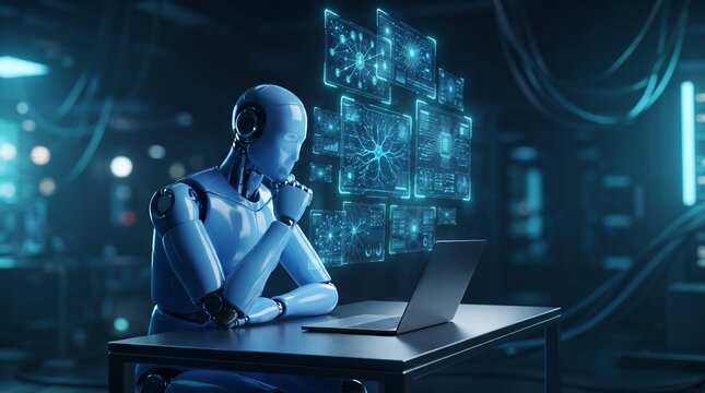 A blue robot figure sits at a desk, looking thoughtfully at a laptop while a complex network of glowing blue circuits is displayed on screens.