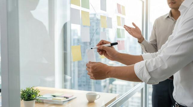 Business professionals collaborating on strategic planning with sticky notes in a bright modern office, discussing ideas and project management at glass wall, teamwork, communication and innovation