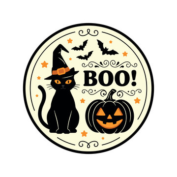Cute Black Cat with Witch Hat and Pumpkin Halloween Sticker Badge. Spooky Black Cat in Witch Hat with Carved Pumpkin and Bats Badge. Halloween Boo Typography Badge with Cute Black Cat and Flying Bats.