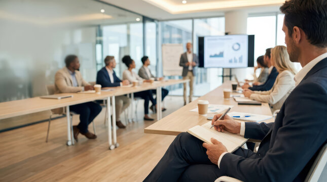 Business team in a modern glass conference room attending a presentation meeting, watching a colleague present a bar chart on screen while discussing corporate strategy and workplace collaboration