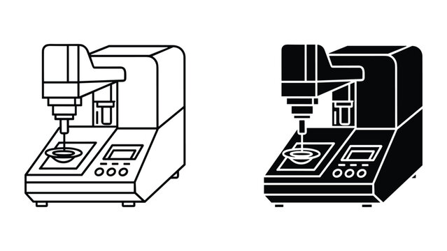 Automated penetrometer icon set in outline and glyph black style, laboratory testing equipment for bitumen and grease viscosity isolated on white background