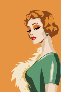Vintage Glamour Portrait of Elegant Retro Woman in Green Dress. Mid Century Modern Vector Illustration of Stylish Woman with Faux Fur. Classic 1950s Fashion Illustration of Glamorous Lady Looking Back