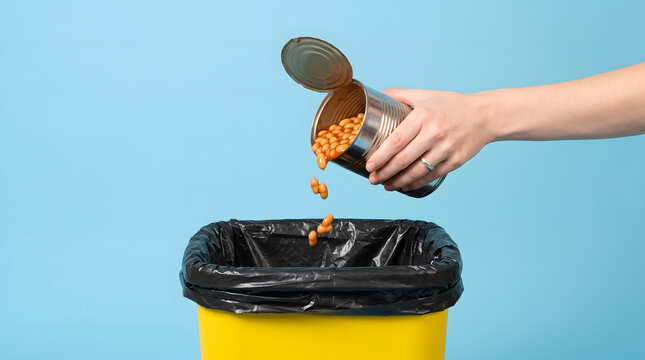 Hand pouring canned beans into trash bin for food waste concept