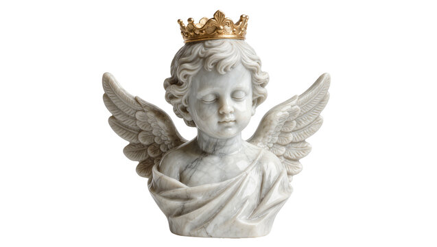 Marble cherub bust with golden crown and feathered wings, isolated on transparent background