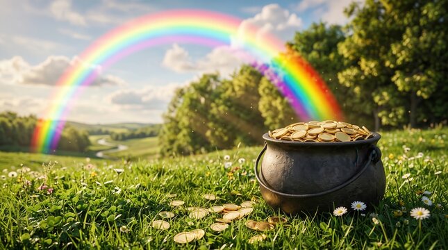 Black iron cauldron filled with shiny gold coins sitting in a lush green meadow with a vibrant rainbow arching across a sunny blue sky with scattered white clouds and distant rolling hills