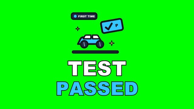 4K green screen TEST PASSED animated text - the L plate falling away as the pass lands, kinetic typography driving school overlay for learner content and social media, chroma key