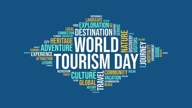 World Tourism Day animated word cloud typography graphic with travel r