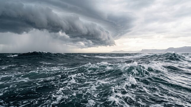 Dark storm clouds gathering over a turbulent ocean with whitecapped waves rolling toward a distant coastline under a moody overcast sky