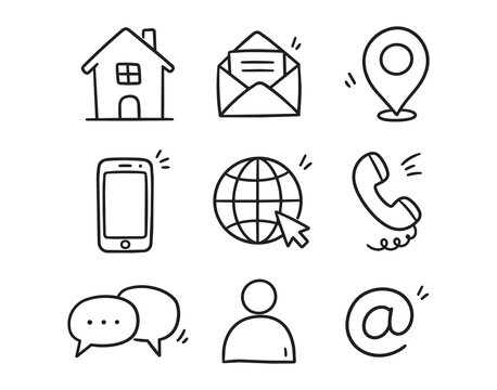 Hand drawn communication icons set in black outline doodle style with envelope map pin phone globe chat and email symbols for contact support and messaging design