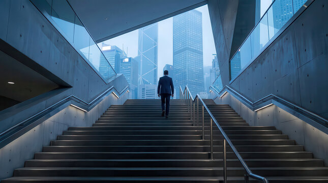 Businessman in a suit walking up a modern outdoor staircase surrounded by glass architecture and city skyscrapers, symbolizing ambition, career growth, corporate success, and urban business lifestyle
