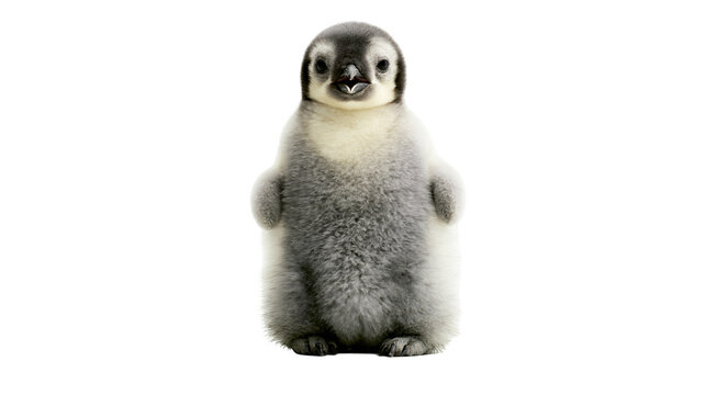 Fluffy baby emperor penguin chick with dark grey downy feathers, isolated on transparent background