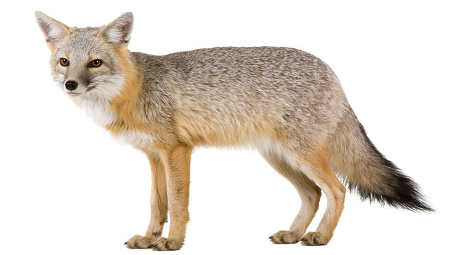 Gray fox with tan fur and black tail tip, isolated on transparent background