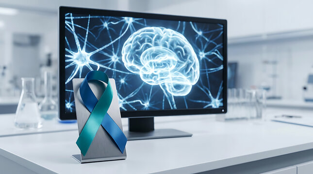 Green ribbon on stand in front of brain scan monitor for mental health day.