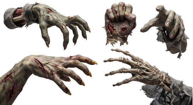 Set of bloody and wounded zombie hands with realistic decaying flesh texture for Halloween horror posters, spooky party flyers, thriller game assets, undead monster graphics, isolated transparent