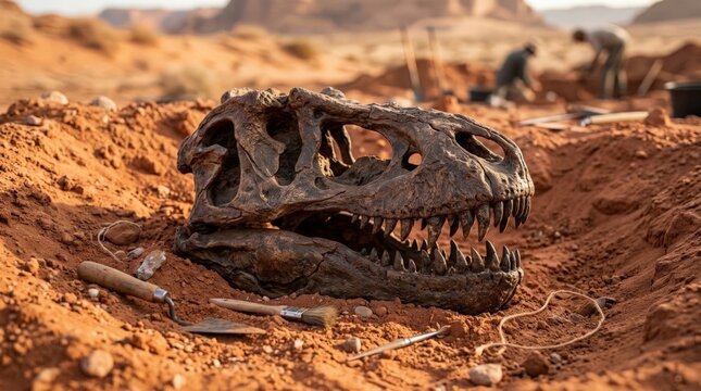 A detailed excavation scene in a desert setting features a fossilized dinosaur skull resting in red sand with various archeological tools placed neatly nearby and researchers working