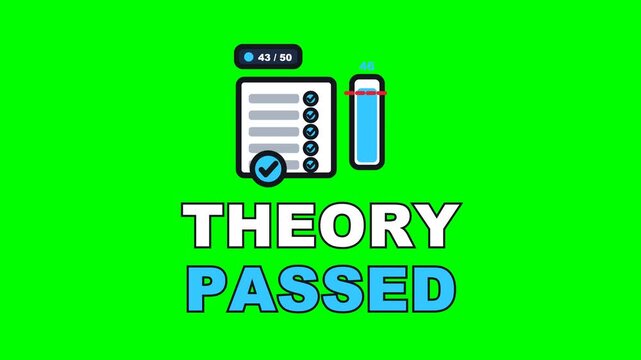 4K green screen THEORY PASSED animated text - the answers ticking down past the pass mark, kinetic typography driving school overlay for learner content and social media, chroma key