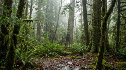 Obraz premium Rainforest floor features dense ferns and towering mossy trunks that create a dark and mysterious woodland environment.