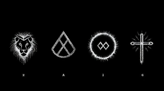 Four Mystical Symbols of Lion, Drop, Rune, and Cross Illuminated.