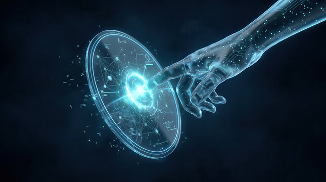 Robot hand touching a glowing digital hologram with a heart icon against a dark background, symbolizing artificial intelligence, robotics, digital medicine, and futuristic health technology innovation
