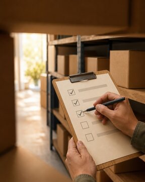 Worker Checking Warehouse Checklist Clipboard for Year-End Inventory Review and Stock Audit