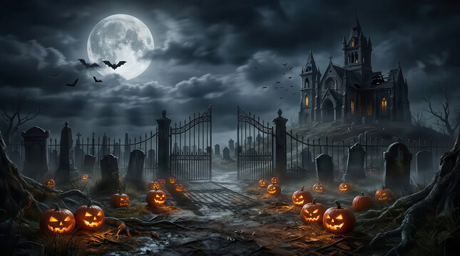 Eerie Halloween cemetery with carved pumpkins, old gravestones, a haunted mansion, bats flying under a full moon, representing spooky season, horror, gothic fantasy, and Halloween night atmosphere