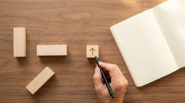 Businessman hand drawing an upward arrow on a wooden block near a blank notebook and scattered wooden blocks on a desk, symbolizing growth, progress, improvement, and business success strategy