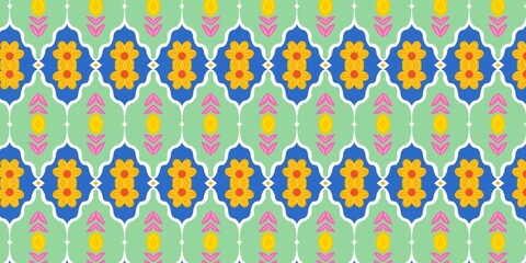 A bright seamless pattern featuring repeating scalloped arches in royal blue and light green with yellow floral motifs and pink botanical details © Muhammad lutfi