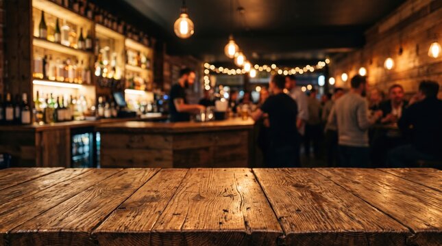 Rustic dark wood plank tabletop surface in a dimly lit bar with blurred patrons and glowing pendant lights in the background