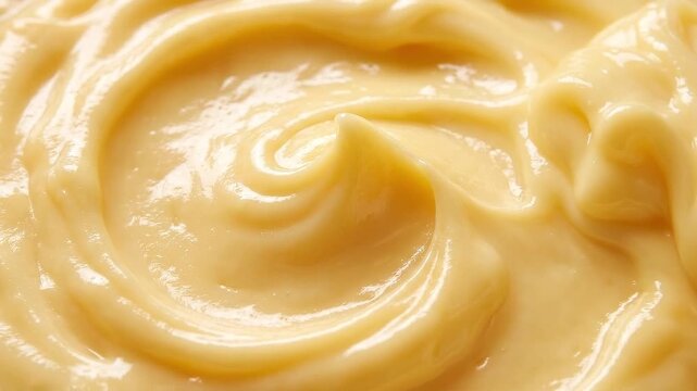 Slow motion close up pan of creamy mayonnaise swirling and being stirred in bowl on kitchen countertop studio table glossy yellow emulsion indoor daytime appetizing scene
