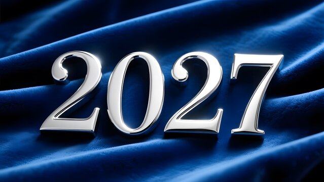 Silver 2027 metallic numbers on blue velvet fabric, elegant New Year 2027 celebration background, luxurious chrome 2027 date for holiday greeting cards