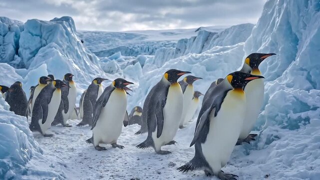 Tracking shot of emperor penguins marching through icy glacier channel across antarctic icefield; group movement, cold overcast light, purposeful colony travel