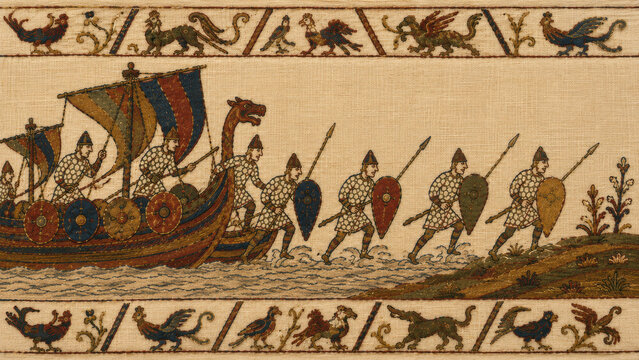 Coming ashore to take the coast. Warriors disembarking through the surf from striped sail longships in Bayeux Tapestry embroidery