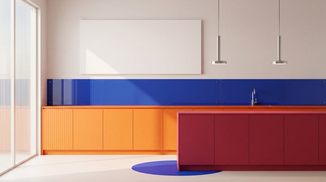 Modern Color Block Kitchen Mockup with Blank Picture Frame