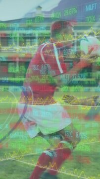 Animation of data processing and scope scanning over diverse rugby players at stadium