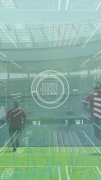 Animation of data processing and icons over diverse rugby players at stadium