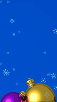 Animation of snow falling over christmas bauble decorations on blue background