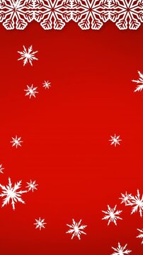 Animation of snow falling over christmas decorations on red background